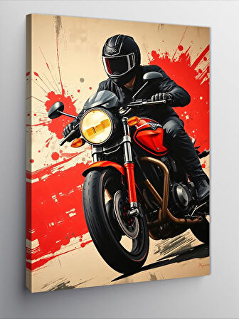 Kanvas Tablo Kırmızı Motosiklet Hareket Anı
