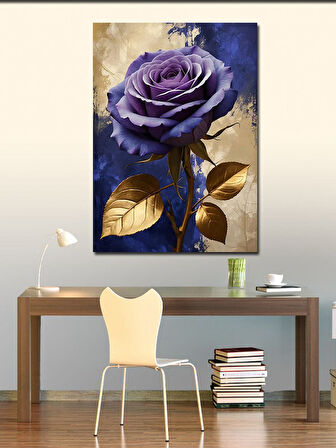 Kanvas Tablo Altın Yapraklı Mor Gül