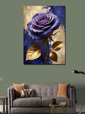 Kanvas Tablo Altın Yapraklı Mor Gül