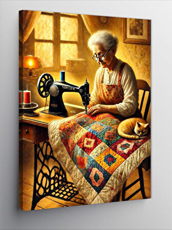 Kanvas Tablo Yaşlı Kadın ve Dikiş Makinesi