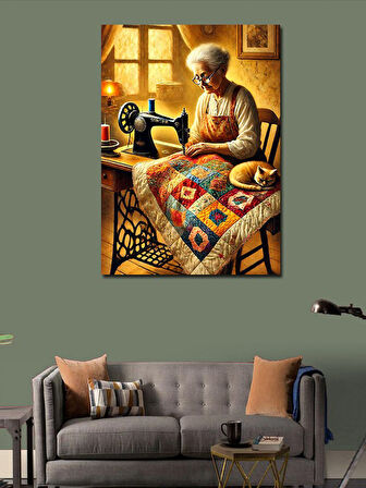 Kanvas Tablo Yaşlı Kadın ve Dikiş Makinesi