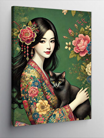 Kanvas Tablo Kediyle Japon Kadın