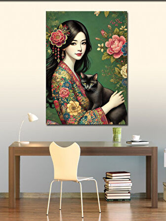 Kanvas Tablo Kediyle Japon Kadın