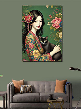 Kanvas Tablo Kediyle Japon Kadın