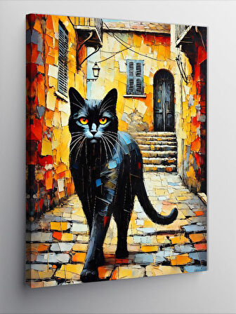 Kanvas Tablo Renkli Sokakta Kara Kedi