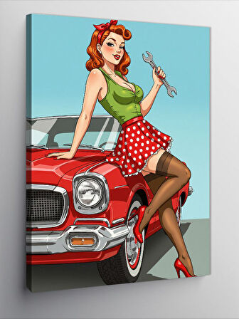 Kanvas Tablo Retro Kadın ve Araba