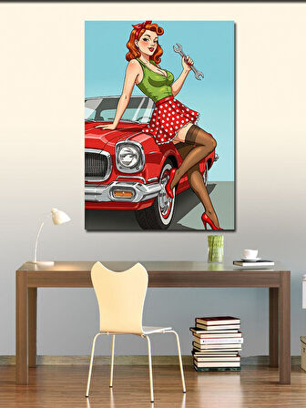 Kanvas Tablo Retro Kadın ve Araba