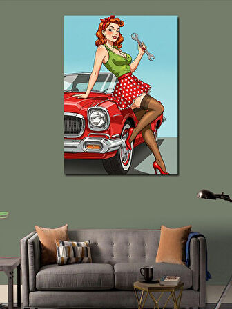 Kanvas Tablo Retro Kadın ve Araba