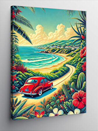 Kanvas Tablo Sahilde Kırmızı Araba