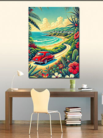Kanvas Tablo Sahilde Kırmızı Araba
