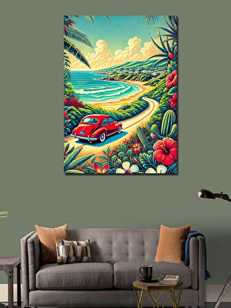 Kanvas Tablo Sahilde Kırmızı Araba