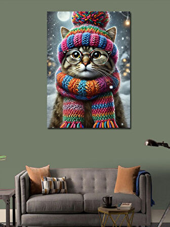 Kanvas Tablo Renkli Atkılı Kedi