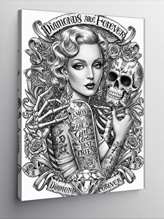 Kanvas Tablo Kafatası ve Kadın Dövmesi