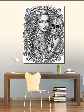 Kanvas Tablo Kafatası ve Kadın Dövmesi