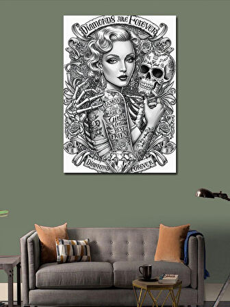 Kanvas Tablo Kafatası ve Kadın Dövmesi