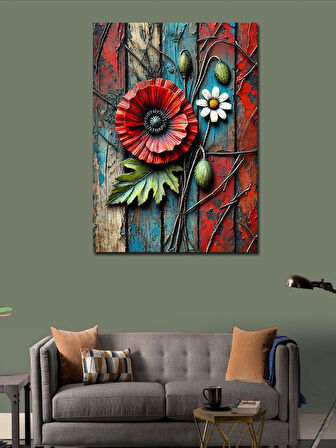 Kanvas Tablo Renkli Çiçek ve Ahşap