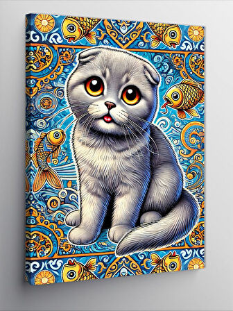 Kanvas Tablo Kedi ve Mavi Desenler