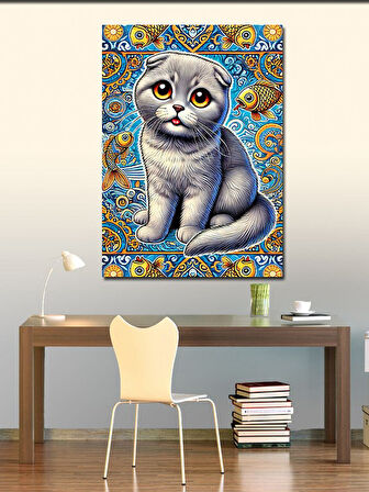 Kanvas Tablo Kedi ve Mavi Desenler
