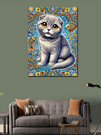 Kanvas Tablo Kedi ve Mavi Desenler