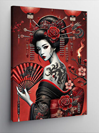 Kanvas Tablo Kırmızı Yelpazeli Geisha