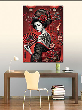 Kanvas Tablo Kırmızı Yelpazeli Geisha