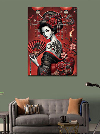 Kanvas Tablo Kırmızı Yelpazeli Geisha