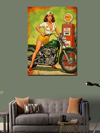 Kanvas Tablo Retro Motosiklet Kadın