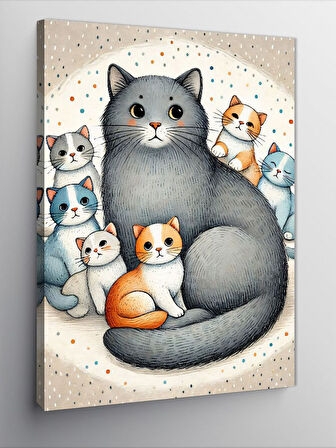 Kanvas Tablo Kediler Ailesi Çizimi