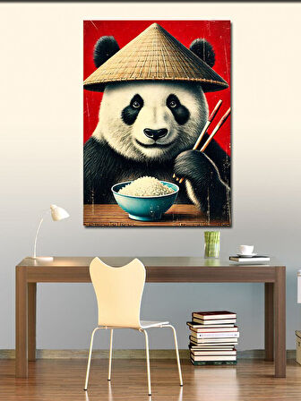 Kanvas Tablo Şapkalı Panda ve Yemek