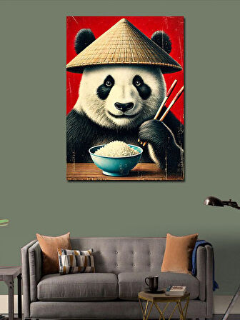 Kanvas Tablo Şapkalı Panda ve Yemek