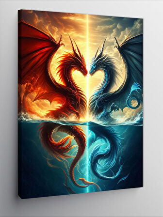 Kanvas Tablo İki Ejderha ve Kalp Şeklinde Desen