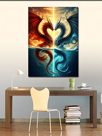 Kanvas Tablo İki Ejderha ve Kalp Şeklinde Desen