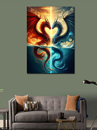 Kanvas Tablo İki Ejderha ve Kalp Şeklinde Desen