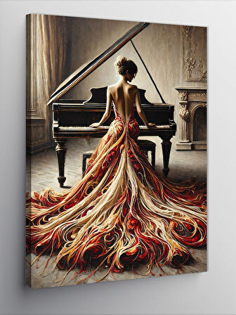 Kanvas Tablo Kırmızı Kuyruklu Elbiseli Piyanist