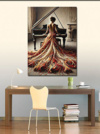 Kanvas Tablo Kırmızı Kuyruklu Elbiseli Piyanist