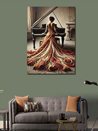 Kanvas Tablo Kırmızı Kuyruklu Elbiseli Piyanist
