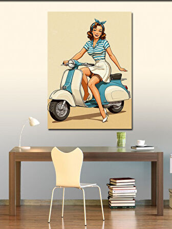Kanvas Tablo Retro Scooter ve Pin-up Kız