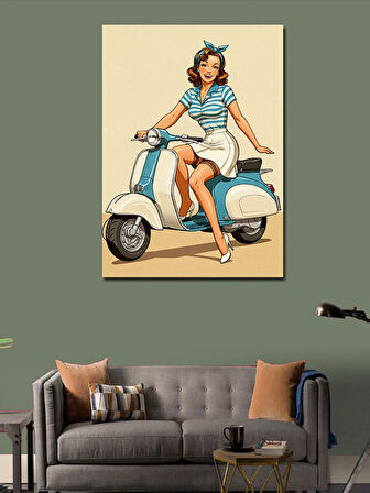 Kanvas Tablo Retro Scooter ve Pin-up Kız
