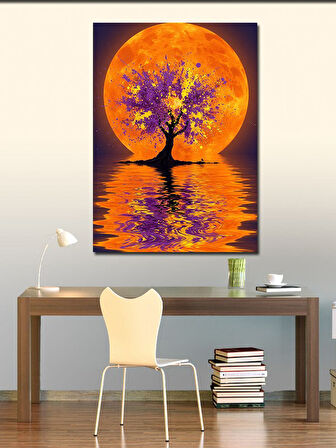 Kanvas Tablo Turuncu Dolunay ve Ağaç
