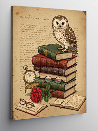 Kanvas Tablo Baykuş, Kitap ve Antik Saat