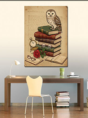 Kanvas Tablo Baykuş, Kitap ve Antik Saat