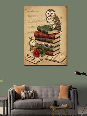 Kanvas Tablo Baykuş, Kitap ve Antik Saat