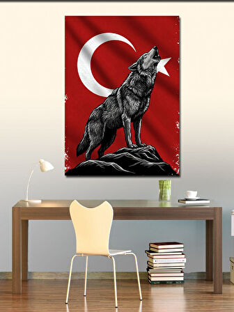 Kanvas Tablo Uluyan Kurt ve Türk Bayrağı