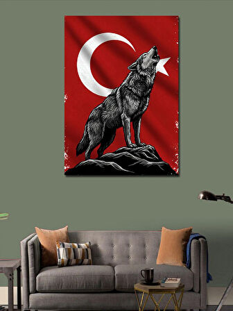 Kanvas Tablo Uluyan Kurt ve Türk Bayrağı