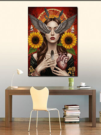 Kanvas Tablo Ayçiçekli Kadın ve Kalp
