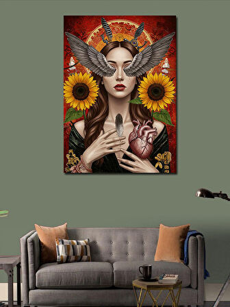 Kanvas Tablo Ayçiçekli Kadın ve Kalp