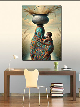 Kanvas Tablo Vazo Taşıyan Kadın ve Bebeği
