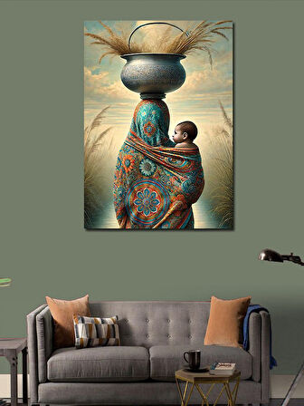 Kanvas Tablo Vazo Taşıyan Kadın ve Bebeği