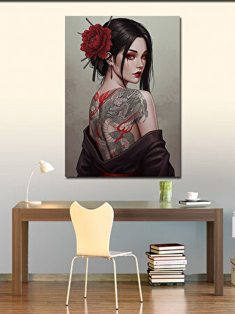 Kanvas Tablo Kırmızı Gül ve Dövmeli Kadın