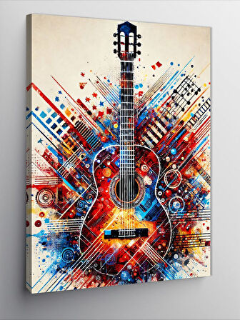 Kanvas Tablo Renkli Gitar ve Soyut Çizgiler